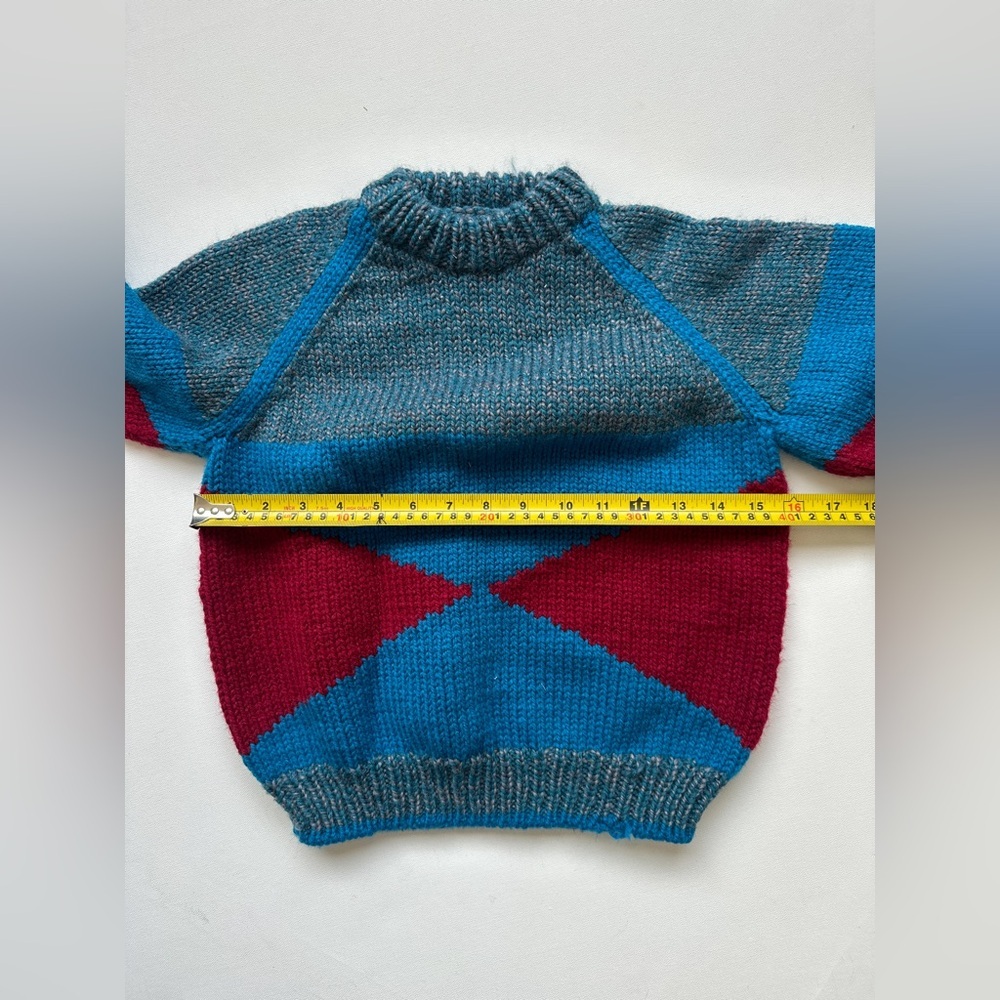 Retro Vibe Hand-knit Crewneck Sweater Blue/Burgundy - Size 3-4T - Picture 3 of 4